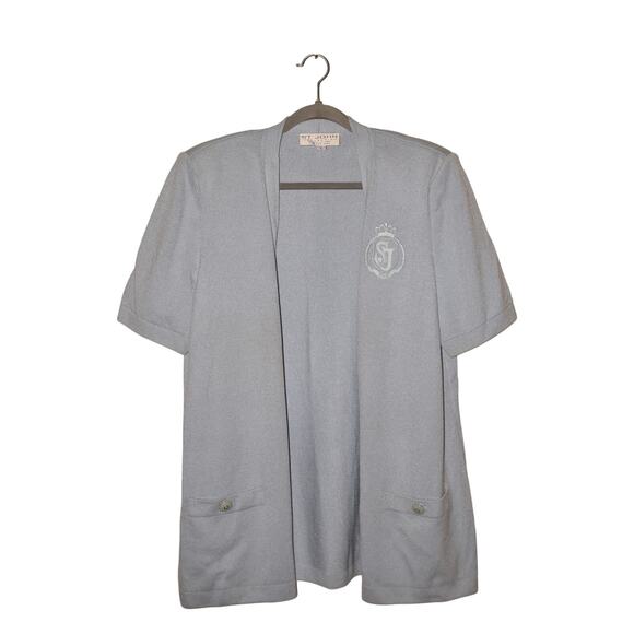 ST.‎ JOHN COLLECTION $795 Blue Knit Short Sleeve Open Cardigan Embroidered Large - Picture 1 of 4